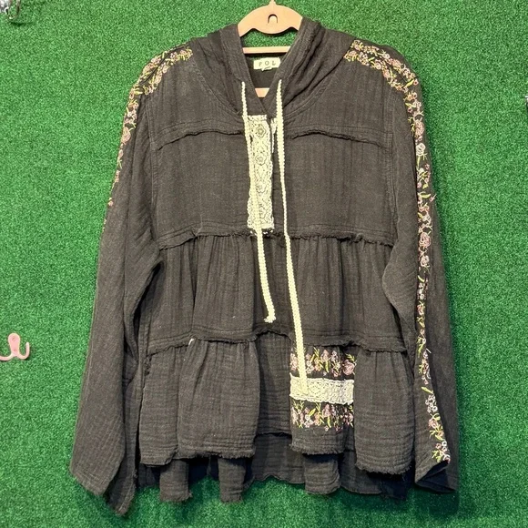 455 NWOT POL Double Guaze Embroidered Hoodie Jacket - Picture 1 of 4